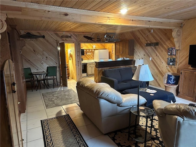 living room featuring wood ceiling, light tile patterned flooring, and beamed ceiling