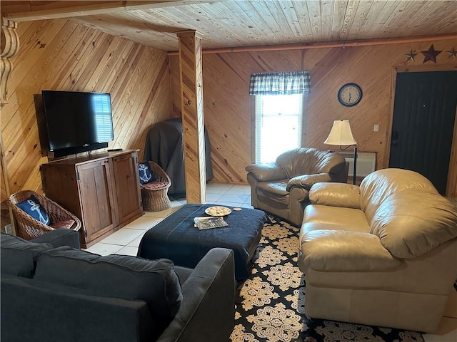 living room featuring wooden ceiling, light tile patterned floors, and wooden walls