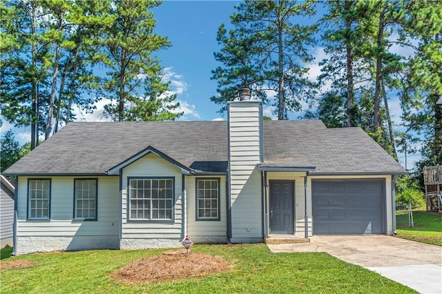 ranch-style home featuring an attached garage, a shingled roof, concrete driveway, a front lawn, and a chimney