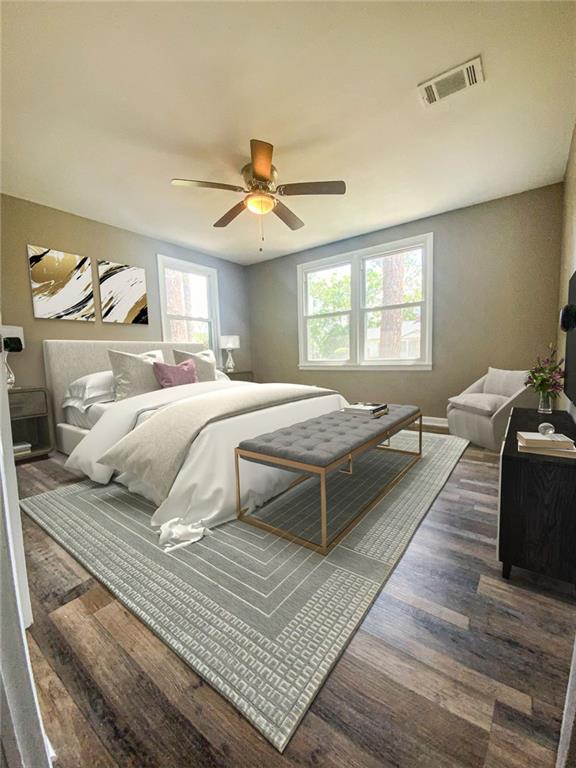 bedroom with visible vents, a ceiling fan, and wood finished floors