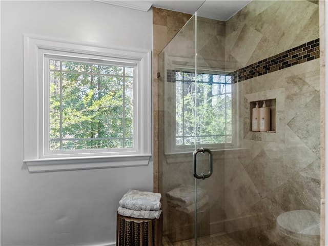 bathroom featuring a shower with door