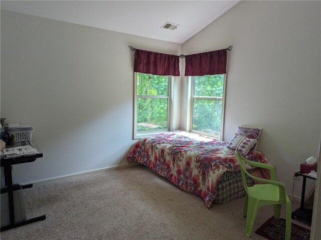 carpeted bedroom with lofted ceiling