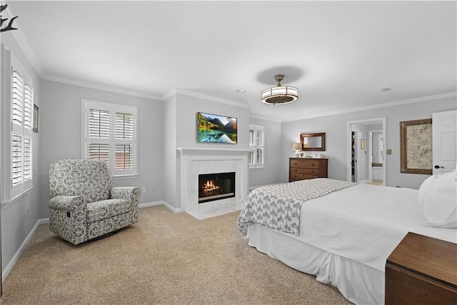 4250 Green Ridge Dr NE, Marietta, GA 30062 - bedroom with crown molding, a warm lit fireplace, and carpet flooring