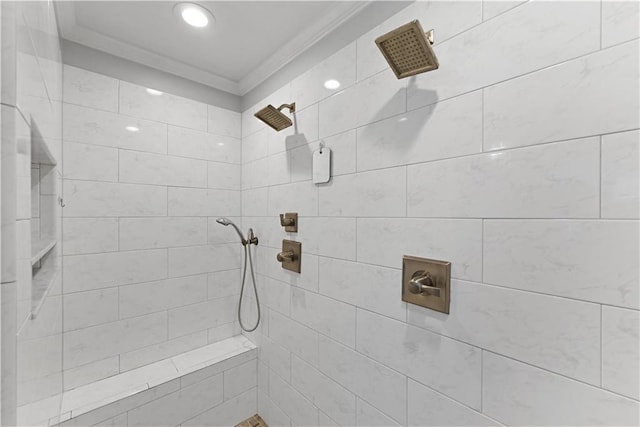 4250 Green Ridge Dr NE, Marietta, GA 30062 - bathroom featuring ornamental molding, a tile shower, and recessed lighting