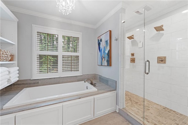 4250 Green Ridge Dr NE, Marietta, GA 30062 - bathroom with a garden tub, a stall shower, crown molding, and a chandelier