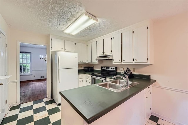 2867 Holly Oaks Dr, Marietta, GA 30062 - kitchen with electric stove, freestanding refrigerator, dark countertops, under cabinet range hood, and light flooring
