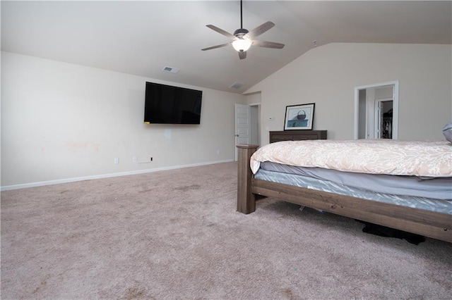 carpeted bedroom with vaulted ceiling and ceiling fan