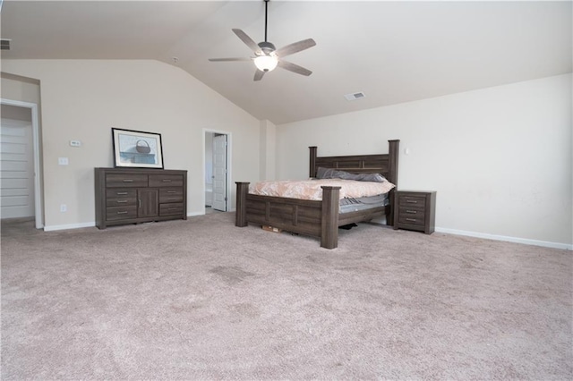 carpeted bedroom featuring vaulted ceiling and ceiling fan