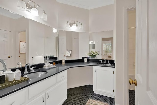 full bathroom with ornamental molding, vanity, and tile patterned floors