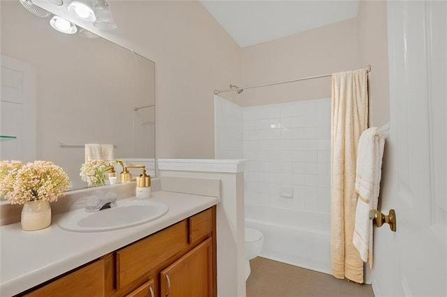 full bath featuring toilet, shower / tub combination, and vanity