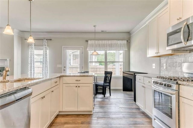 kitchen with stainless steel appliances, light wood-type flooring, a sink, crown molding, and hanging light fixtures