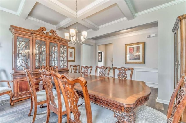 dining area with coffered ceiling, a chandelier, beam ceiling, ornamental molding, and wood finished floors