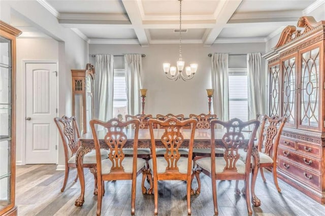 dining area featuring beamed ceiling, a chandelier, light wood-style floors, coffered ceiling, and crown molding