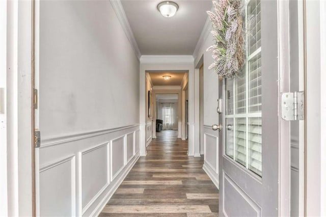 hall featuring crown molding, dark wood-type flooring, a decorative wall, and a wainscoted wall