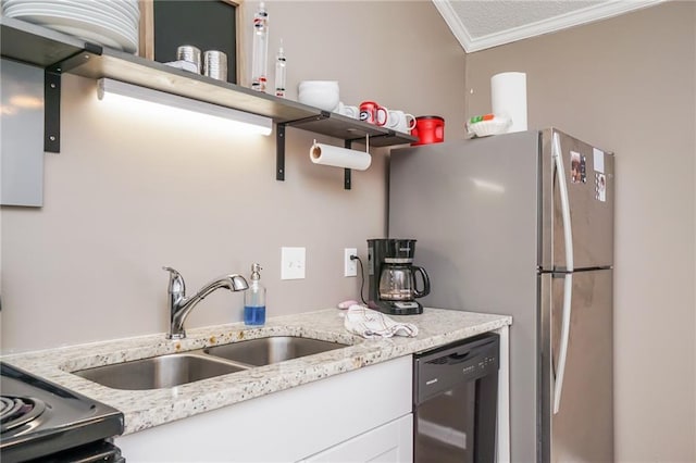 kitchen featuring light stone countertops, white cabinets, crown molding, sink, and dishwasher