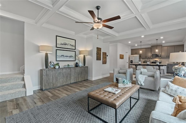 141 Wingate Dr, Auburn, GA 30680 - living room with coffered ceiling, recessed lighting, wood finished floors, beam ceiling, and ceiling fan
