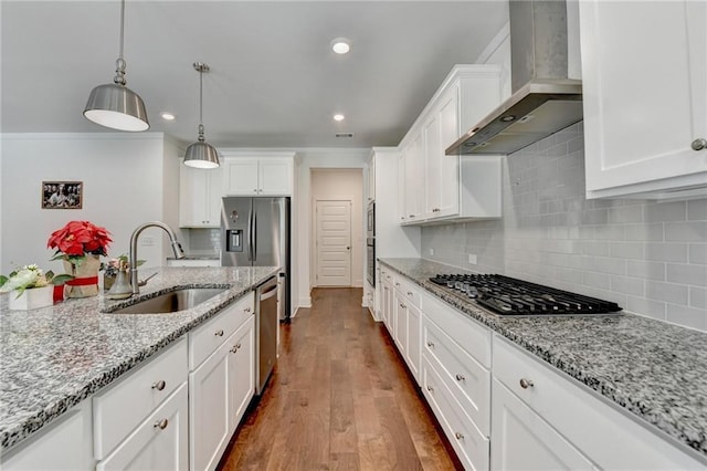 8125 Beryl Overlook, Gainesville, GA 30506 - kitchen featuring wall chimney exhaust hood, a sink, white cabinets, and stainless steel appliances