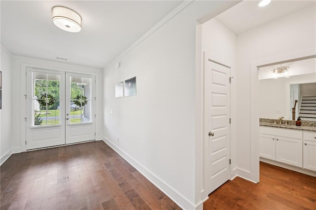 8125 Beryl Overlook, Gainesville, GA 30506 - doorway to outside featuring dark wood-style floors, stairway, baseboards, and french doors