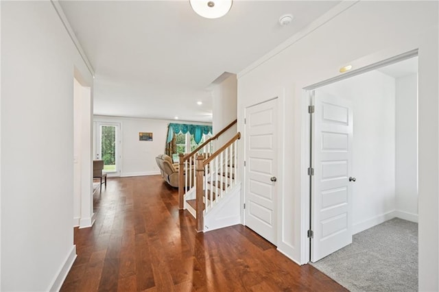 8125 Beryl Overlook, Gainesville, GA 30506 - corridor featuring stairway, wood finished floors, baseboards, crown molding, and recessed lighting