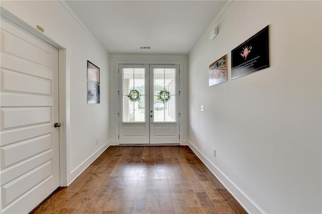 8125 Beryl Overlook, Gainesville, GA 30506 - doorway with visible vents, french doors, hardwood / wood-style flooring, and ornamental molding