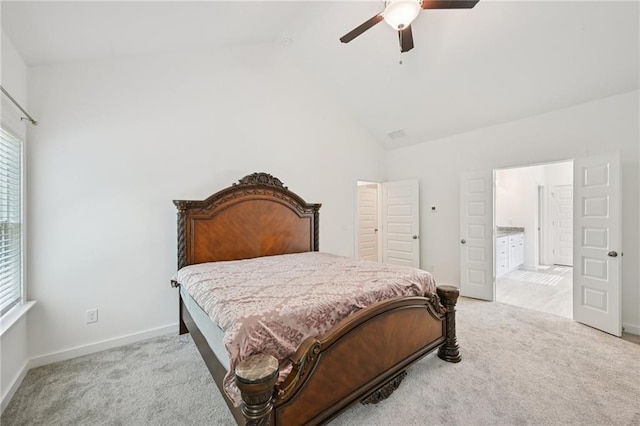 8125 Beryl Overlook, Gainesville, GA 30506 - bedroom featuring light colored carpet, lofted ceiling, a ceiling fan, ensuite bath, and baseboards