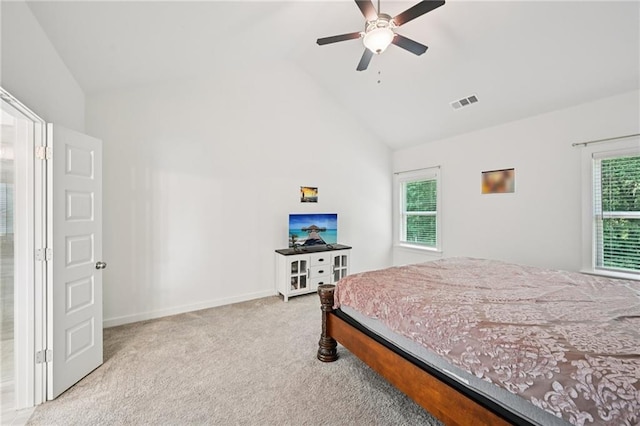 8125 Beryl Overlook, Gainesville, GA 30506 - bedroom featuring multiple windows, carpet floors, high vaulted ceiling, and ceiling fan