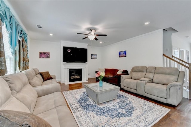 8125 Beryl Overlook, Gainesville, GA 30506 - living room with a fireplace with flush hearth, ceiling fan, visible vents, dark wood-style floors, and recessed lighting