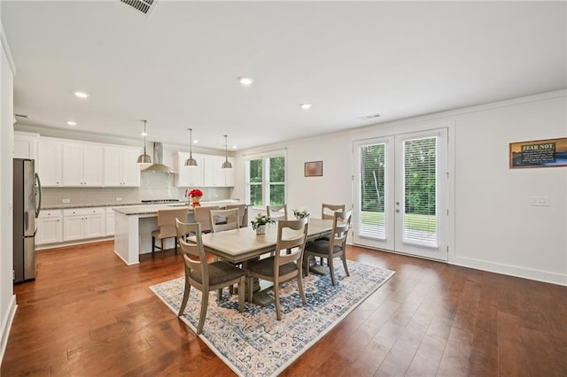 8125 Beryl Overlook, Gainesville, GA 30506 - dining area featuring dark wood-style floors, french doors, ornamental molding, recessed lighting, and baseboards