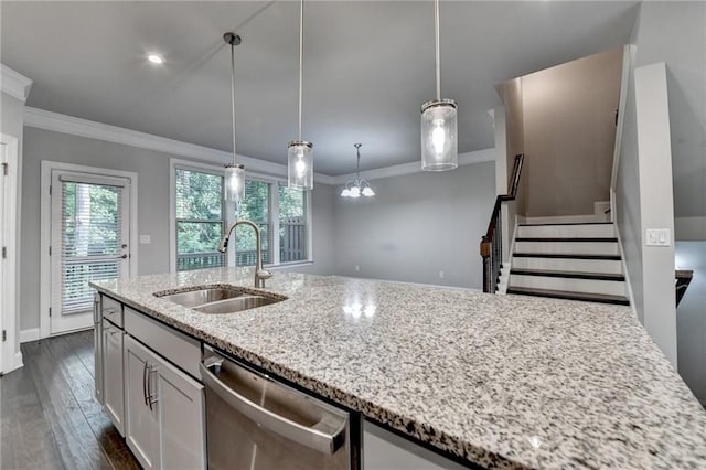 4232 Perimeter Park E Unit 110, Atlanta, GA 30341 - kitchen featuring stainless steel dishwasher, crown molding, light stone countertops, dark wood finished floors, and pendant lighting