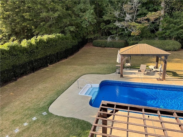 view of pool featuring a fenced in pool, a gazebo, fence, and a patio