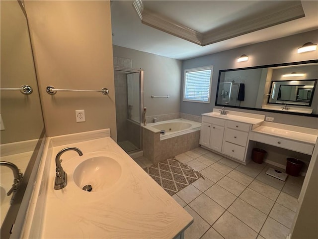 full bath featuring a sink, tile patterned flooring, crown molding, and a raised ceiling