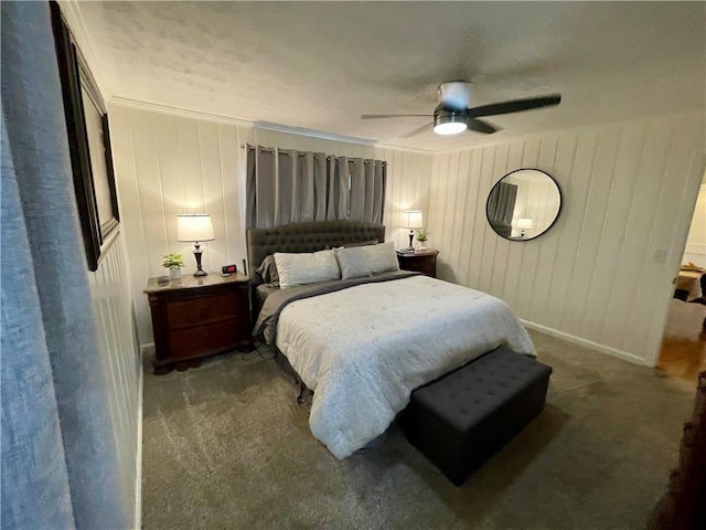 carpeted bedroom with ceiling fan and crown molding