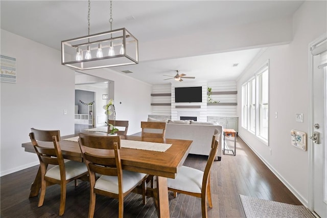 1998 Lakeview Bend Way, Buford, GA 30519 - dining area with ceiling fan, a fireplace, and dark wood-style floors