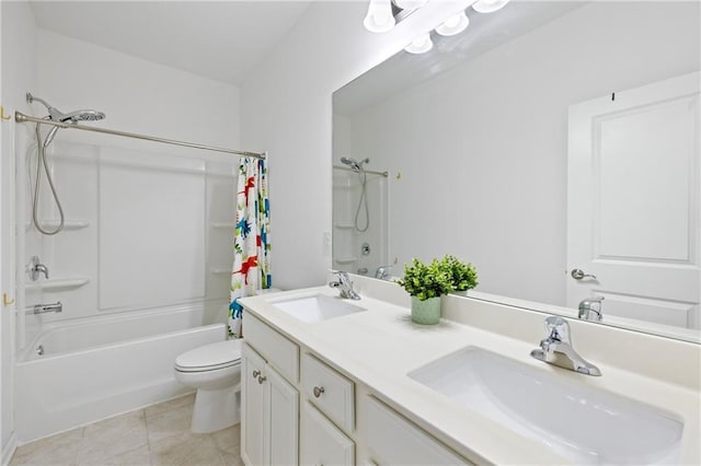 1998 Lakeview Bend Way, Buford, GA 30519 - bathroom with shower / bathtub combination with curtain, double vanity, and tile patterned floors