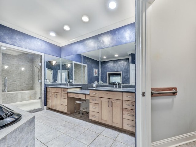 full bath featuring vanity, a stall shower, crown molding, tile patterned floors, and a bath