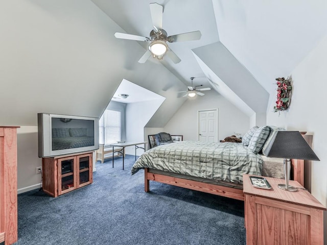 bedroom featuring a ceiling fan, carpet, and vaulted ceiling