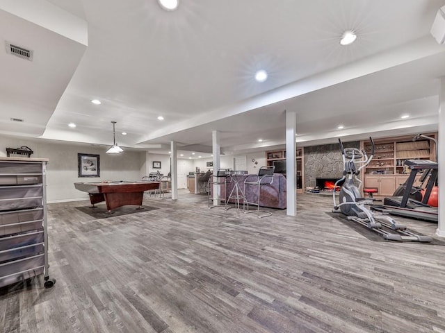 playroom with billiards, recessed lighting, wood finished floors, and visible vents