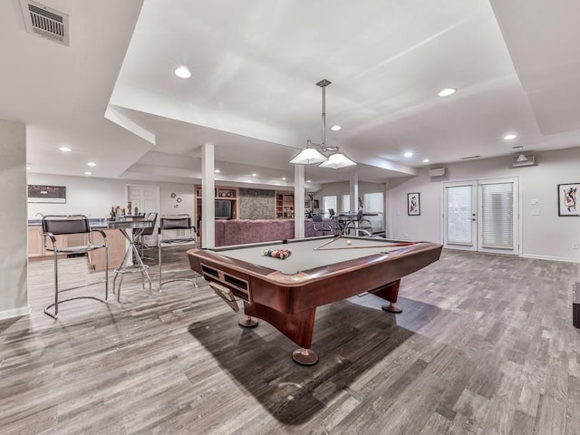 playroom with recessed lighting, visible vents, baseboards, and wood finished floors