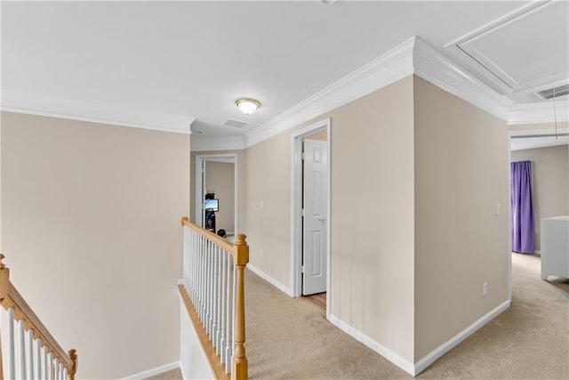 1712 Bonnabel Trce NE, Marietta, GA 30066 - hallway featuring an upstairs landing, attic access, ornamental molding, light carpet, and baseboards