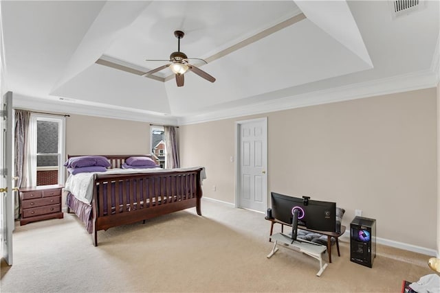 1712 Bonnabel Trce NE, Marietta, GA 30066 - bedroom featuring a raised ceiling, crown molding, light colored carpet, baseboards, and a ceiling fan
