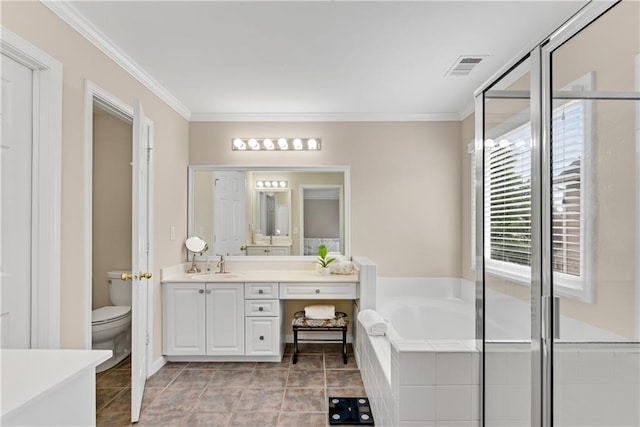 1712 Bonnabel Trce NE, Marietta, GA 30066 - full bathroom with a bath, crown molding, vanity, toilet, and a shower stall