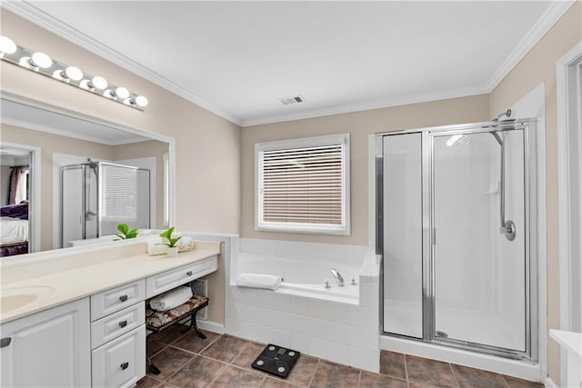 1712 Bonnabel Trce NE, Marietta, GA 30066 - bathroom with a shower stall, a bath, vanity, crown molding, and tile patterned floors