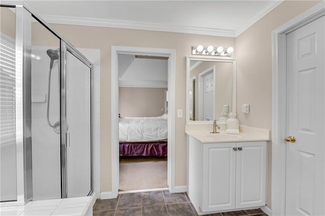 1712 Bonnabel Trce NE, Marietta, GA 30066 - bathroom with a shower stall, ensuite bathroom, crown molding, vanity, and baseboards