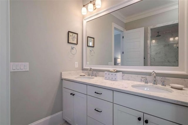 bathroom with walk in shower, ornamental molding, and vanity