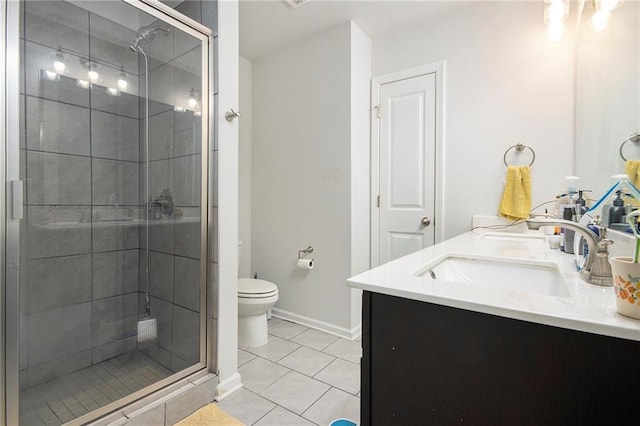 2517 Hedgeway Cir, Kennesaw, GA 30144 - bathroom featuring double vanity, a shower stall, toilet, and tile patterned flooring
