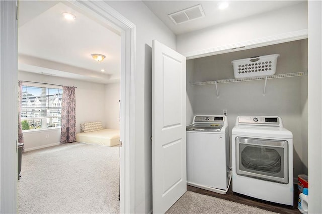 2517 Hedgeway Cir, Kennesaw, GA 30144 - laundry area featuring carpet flooring, washing machine and dryer, baseboards, and recessed lighting