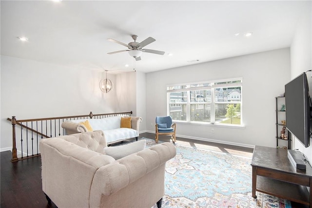2517 Hedgeway Cir, Kennesaw, GA 30144 - living area featuring a ceiling fan, dark wood-style flooring, baseboards, and recessed lighting