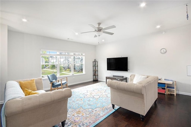 2517 Hedgeway Cir, Kennesaw, GA 30144 - living area with a ceiling fan, dark wood-type flooring, baseboards, and recessed lighting