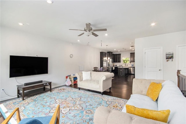 2517 Hedgeway Cir, Kennesaw, GA 30144 - living room featuring a ceiling fan, dark wood-style floors, and recessed lighting