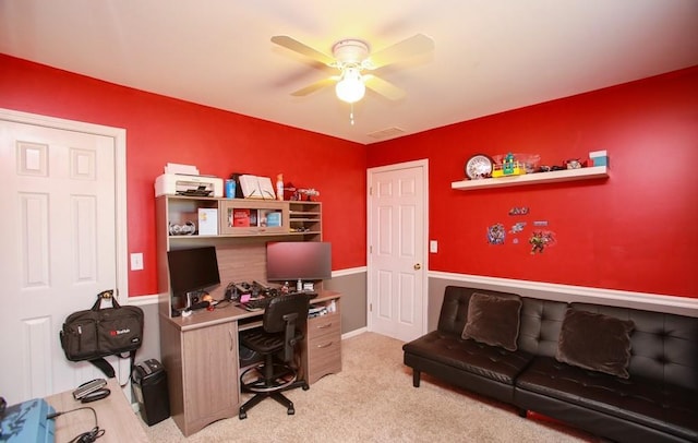 office with ceiling fan and light colored carpet